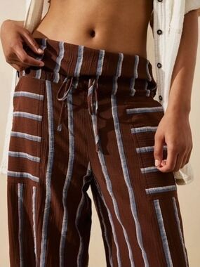 Free People came to play Striped Brown Wide-Leg Pants with Drawstring Waist NWT